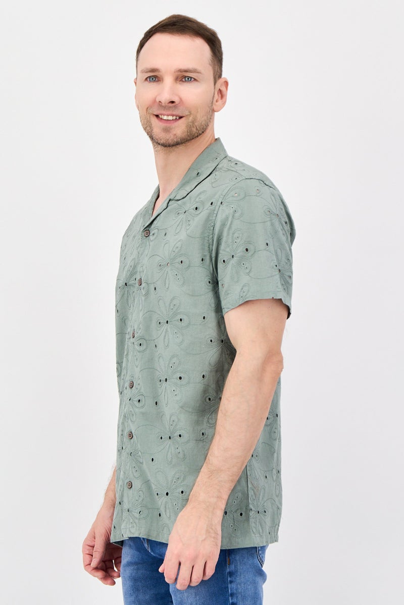 Threadbare Men Regular Fit Embroidered Short Sleeve Casual Shirt, Sage Green - Image 2